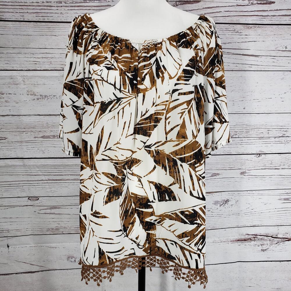 Chico's Brown Leaf Print Short Sleeve Top Blouse Size 2